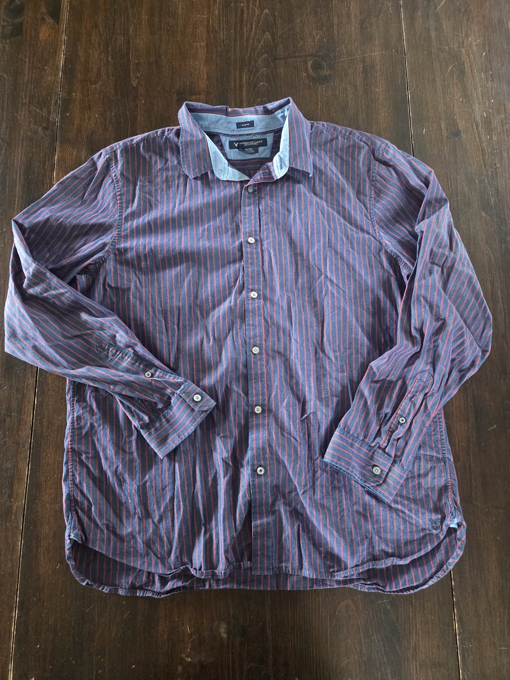 American Eagle Outfitters Navy and Red Striped Button-Down Shirt 2XL